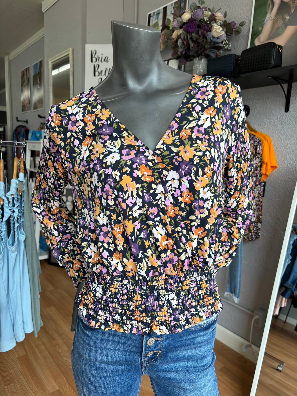 Black Floral Smocked-Waist Top