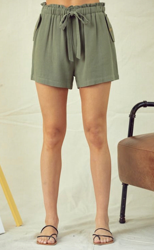 Olive Linen High-Waisted Shorts