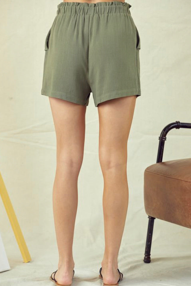 Olive Linen High-Waisted Shorts