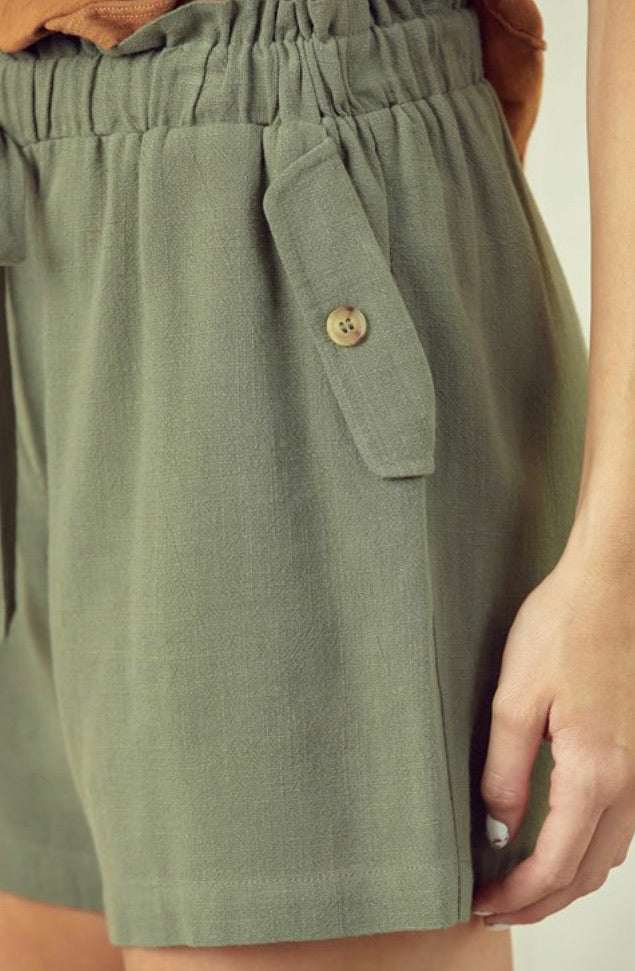 Olive Linen High-Waisted Shorts